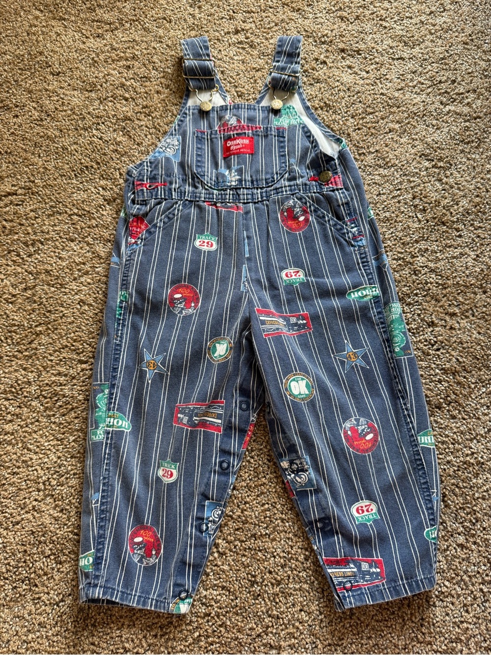 OSHKOSH B’GOSH Vintage Striped Train Vehicle Patch Track Vestbak Overalls